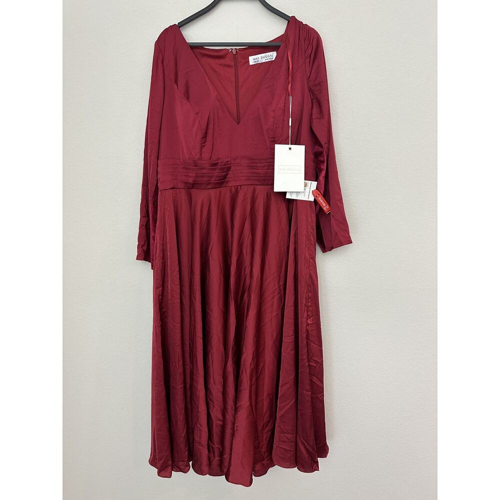 NWT Mac Duggal Burgundy V-Neck Pleated Skirt Long Sleeve Dress 67907 Size 16W